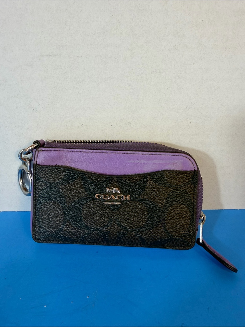 Coach Black and Purple Signature Zip Card Case